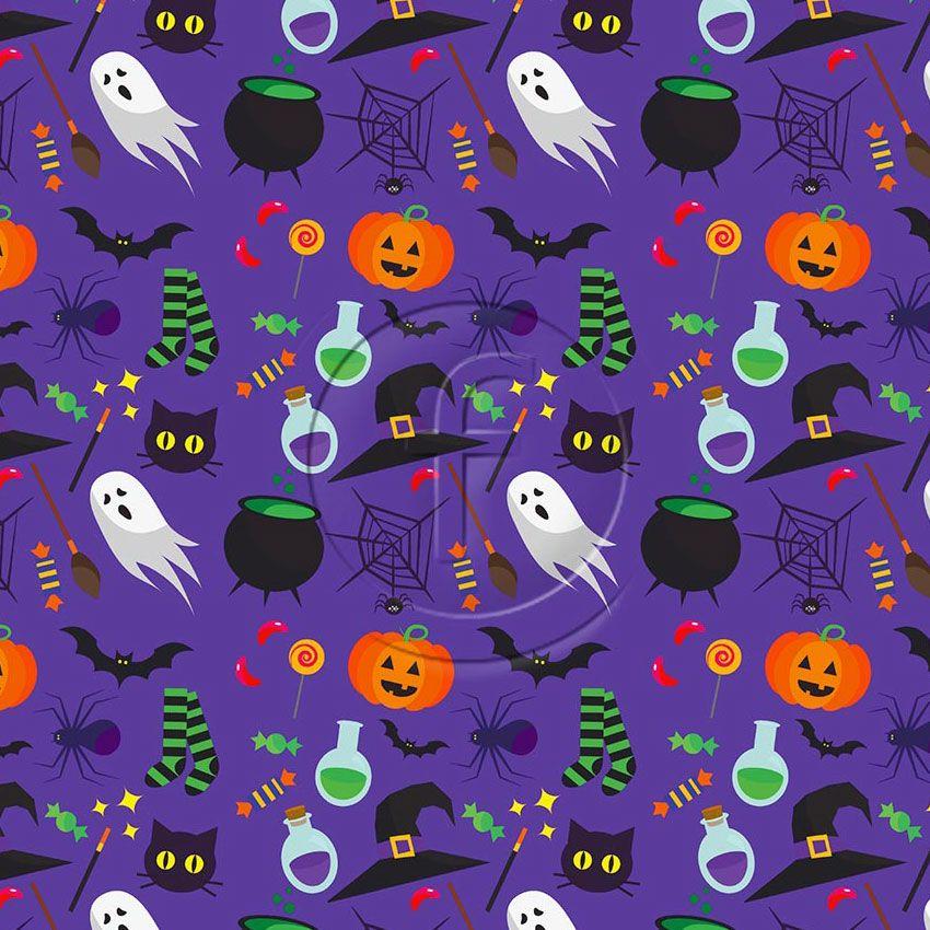 Spooky, Cartoon, Halloween Printed Stretch Fabric: Purple